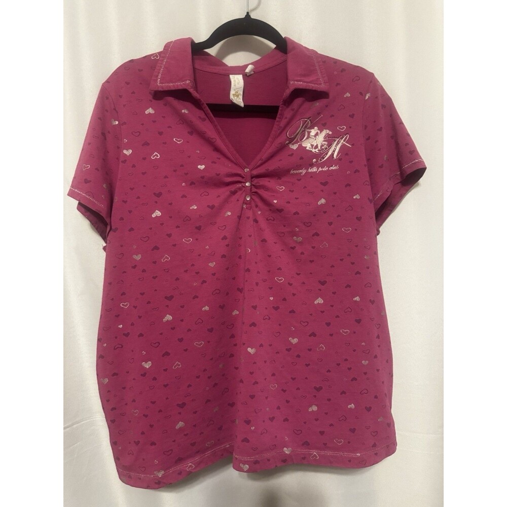 Beverly Hills Polo Club Pink Cotton V-Neck Rhinestone Heart T-Shirt 2X